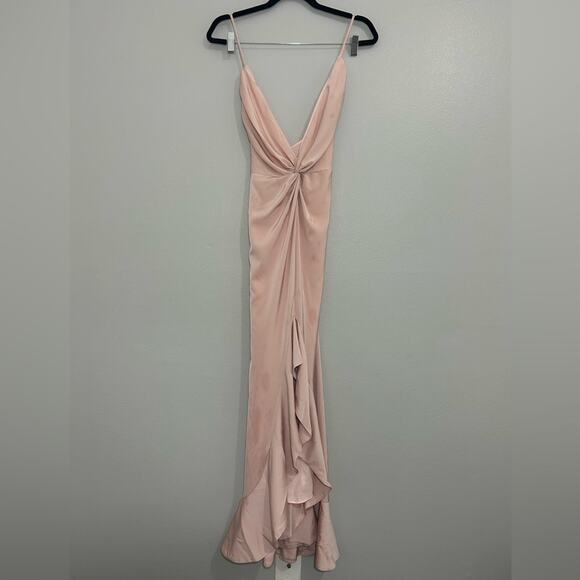 Lovers & Friends Satin Pink Blush Ruffle Twist Maxi Dress Gown Size Large - Picture 4 of 8